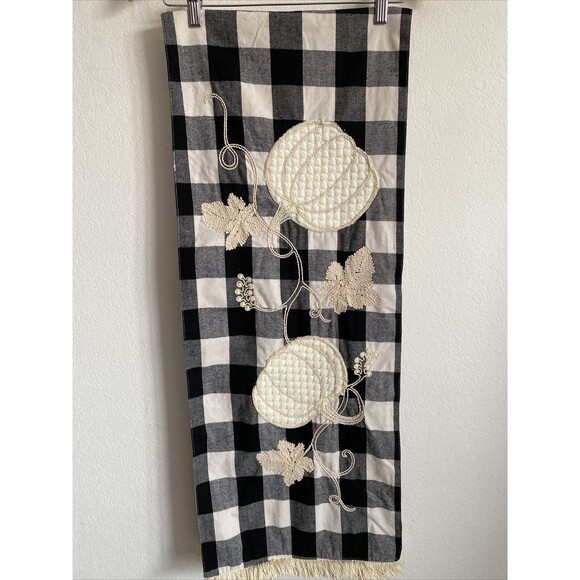 Autumn Blessings Table Runner Black Buffalo Check w Embroidered Pumpkins 72x14 - Picture 1 of 9